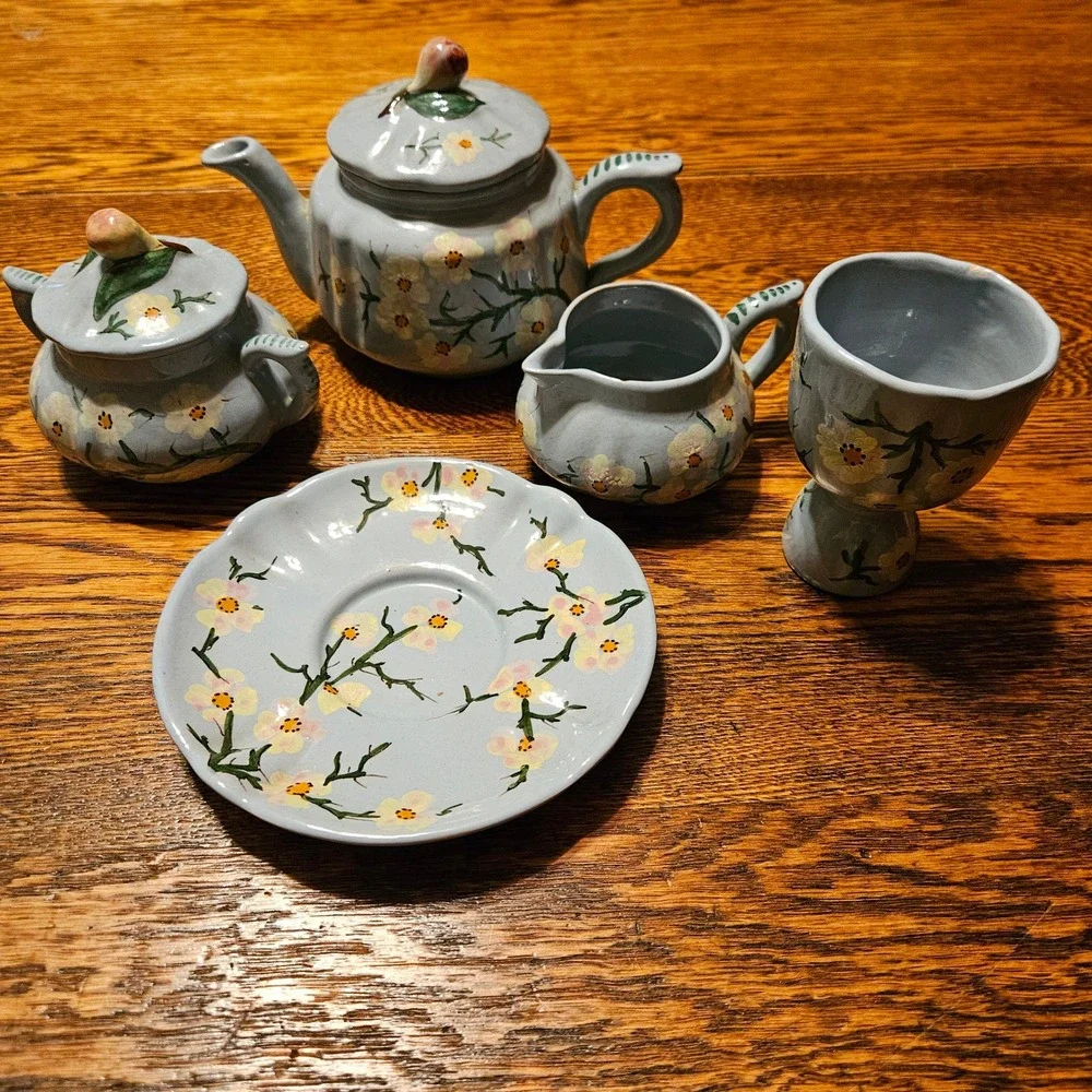 FB Italy Vintage Hand Painted Floral Tea Set Blue Ceramic Teapot Creamer Sugar